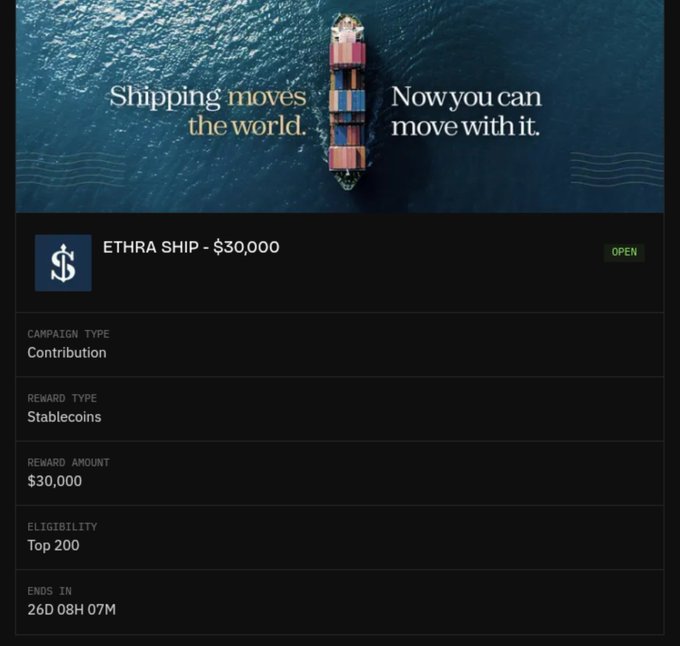 A promotional graphic for an airdrop campaign titled 'Shipping moves the world. Now you can move with it,' offering a $30,000 reward in stablecoins to the top 200 contributors, with 26 days, 8 hours, and 7 minutes remaining.