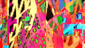 A vibrant abstract digital artwork featuring pixelated blocks of bright colors including magenta, yellow, green, blue, and black, with glitch-like geometric patterns and sharp angular shapes.