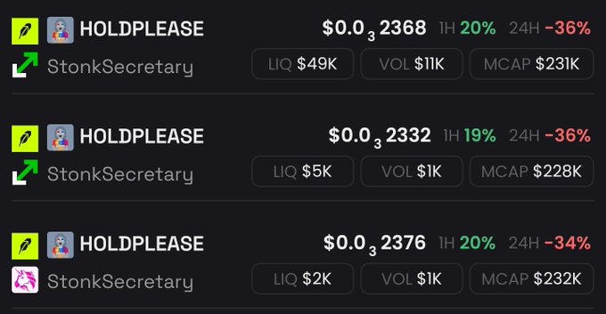 A screenshot showing three snapshots of the $HOLDPLEASE token by StonkSecretary with price around $0.0₃2368, liquidity increasing from $2K to $49K, and a market cap of approximately $231K, corresponding to the post's mention of $55K liquidity being added to support the token's growth.