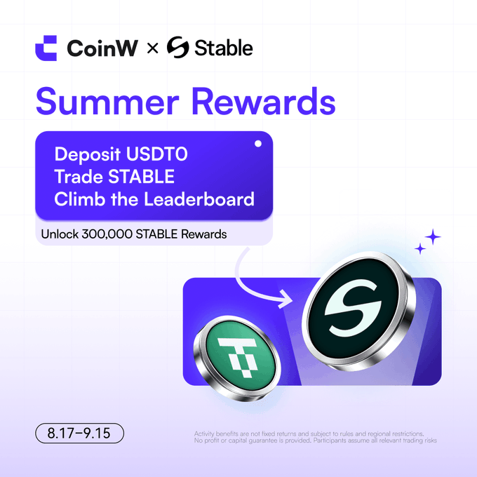 A promotional graphic for 'Summer Rewards' by CoinW x Stable, instructing users to deposit USDT0, trade STABLE, and climb the leaderboard to unlock 300,000 STABLE rewards, running from 8.17 to 9.15.