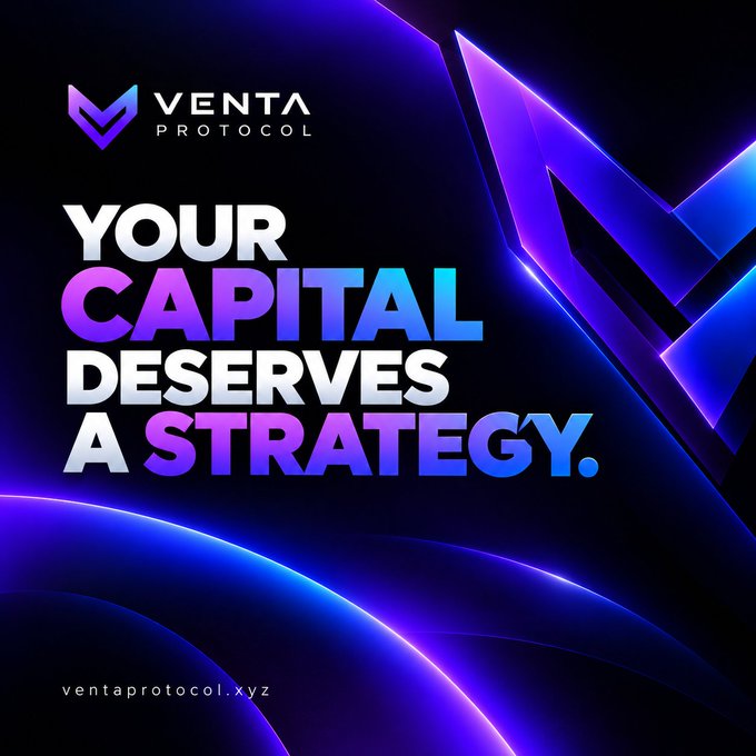 A promotional graphic for 'VENTA PROTOCOL' (ventaprotocol.xyz) with the tagline 'YOUR CAPITAL DESERVES A STRATEGY.' displayed against a dark background with purple and blue glowing geometric shapes.