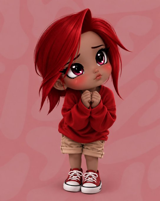 A 3D-rendered cartoon character with large red eyes, red hair, a red hoodie, beige shorts, and red sneakers, standing with hands clasped.