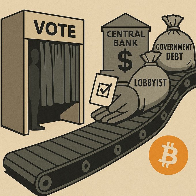 A political illustration showing a figure at a voting booth on the left and a hand casting a ballot on a conveyor belt, with money bags labeled 'CENTRAL BANK', 'LOBBYIST', and 'GOVERNMENT DEBT' alongside an orange Bitcoin symbol.