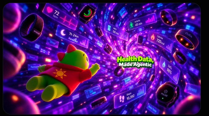 A colorful promotional graphic reading 'Health Data, Made Agentic' featuring a green bear mascot floating through a vibrant tunnel of fitness trackers and health metrics displays.