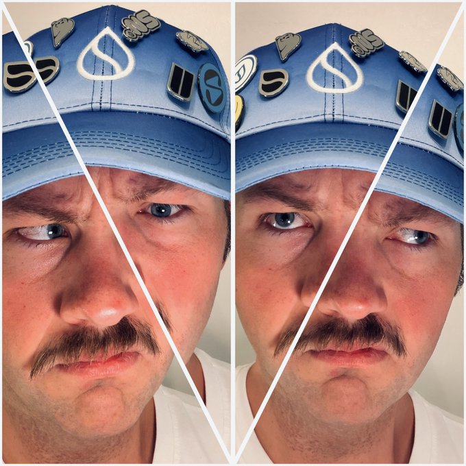 The image shows two men with a mustache, both wearing blue baseball caps. One of them has a serious expression on his face while looking at the camera, while the other one appears to be making a funny face or showing off his silly side. The caption suggests that there is an action figure worth $SUI in the background, which could be related to the post about the price of the action figure.