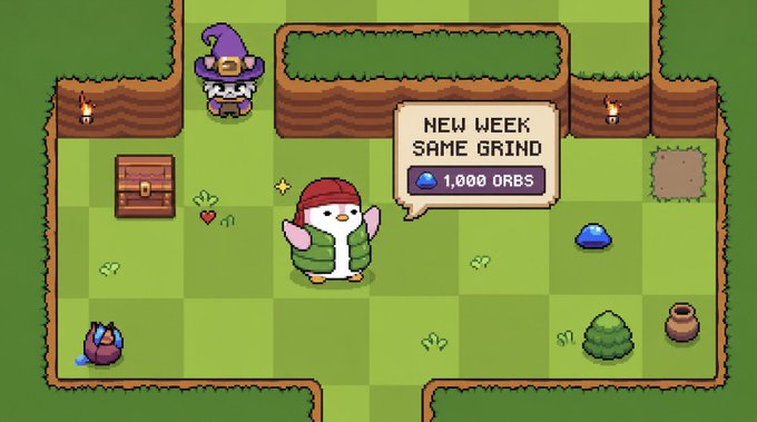 A pixel art game screen featuring a penguin character with a speech bubble saying 'NEW WEEK SAME GRIND' and offering 1,000 ORBS.