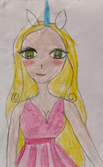 A child's colored pencil drawing of a blonde girl with green eyes wearing a pink dress and a unicorn horn headband.