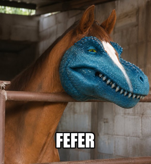A surreal image of a brown horse's head with a blue reptilian/dinosaur face overlay, featuring sharp teeth and yellow eyes, with the text 'FEFER' displayed below in a meme-style format.
