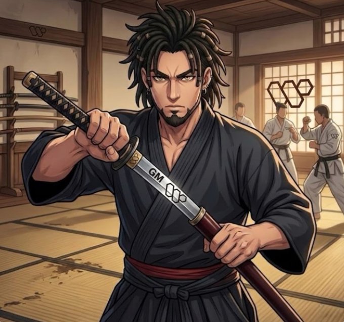 ikebana artist creates a detailed illustration of a man in a black karate uniform, holding a sword with the word "GMP" on it.