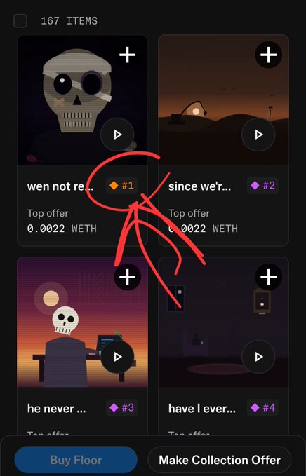 A red hand-drawn arrow highlights the newly updated "#1" and "#2" rarity rankings on a dark-themed OpenSea NFT collection page showing 167 items, with the skull-headed "wen not re..." NFT now confirmed as the rarest piece with a top offer of 0.0022 WETH, supporting the claim that OpenSea has finally updated its rarity rankings.