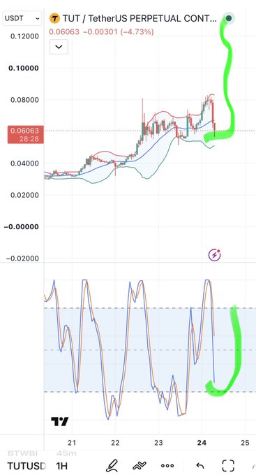 A TradingView chart of TUT/USD (TetherUS PERPETUAL CONTRACT) shows a price of 0.06063, down 4.73%, with green hand-drawn annotations highlighting a price spike and a rising RSI indicator on the lower panel.