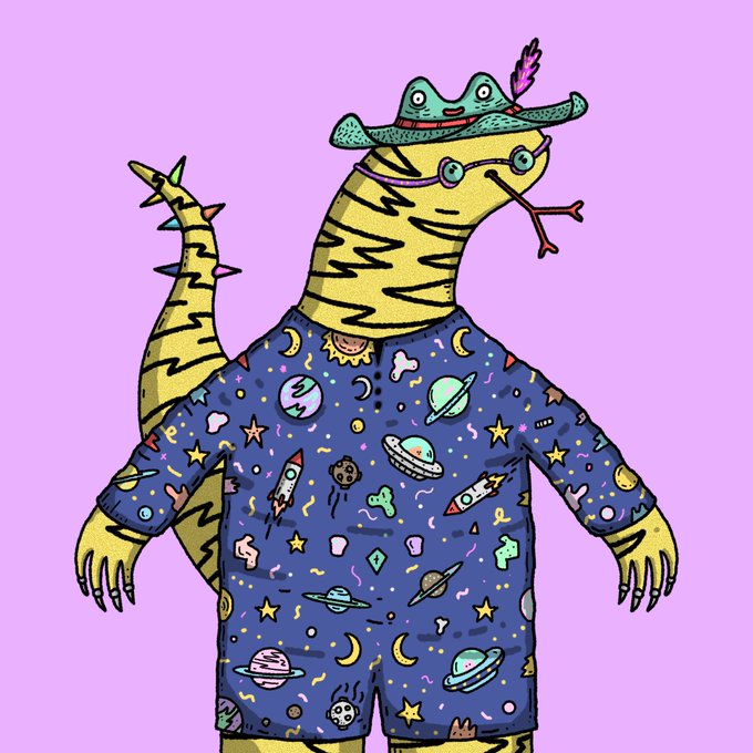 A colorful illustration of a dinosaur-like creature wearing pajamas patterned with UFOs, planets, and stars, with a small frog wearing a feathered hat perched on its head, set against a purple background.