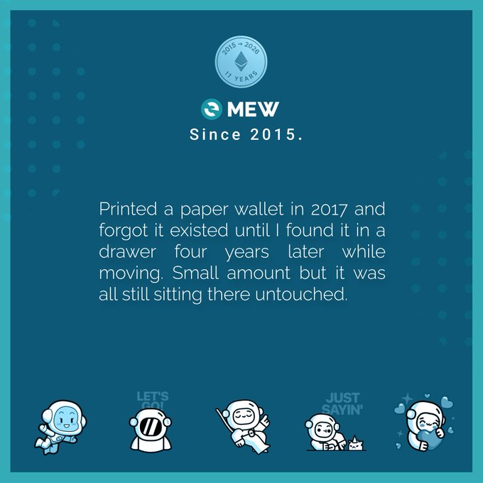 A teal graphic for "3 MEW" celebrating "Since 2015" and "11 Years," telling a story about finding an untouched paper crypto wallet after four years, accompanied by astronaut cat characters with speech bubbles.