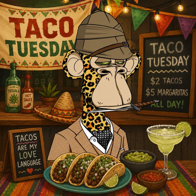 A cartoon cheetah wearing a pith helmet and suit enjoys 'Taco Tuesday' with tacos, a margarita, and signs reading '$2 TACOS, $5 MARGARITAS' and 'TACOS ARE MY LOVE LANGUAGE'.