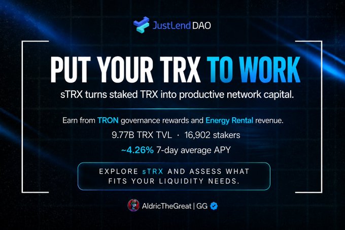 A promotional graphic for 'JustLend DAO' with the text 'PUT YOUR TRX TO WORK', mentioning 9.77B TRX TVL, 16,902 stakers, and a 4.26% 7-day average APY.