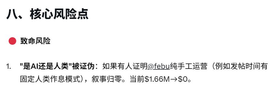 A Chinese-language slide titled "八、核心风险点" (Chapter 8: Core Risk Points) highlighting the "致命风险" (Fatal Risk) that the "AI还是人类" (AI or Human) narrative will be debunked if someone proves @febu is purely manually operated, wiping the narrative value from $1.66M to $0, which aligns with the post's claim of LARP accusations being confirmed on-chain regarding the token 4ko5tSr5o3H4v1sFtjTSd9MPUW7yx5AFCpkNPoL6pump.
