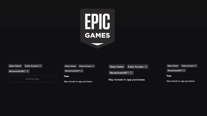 An Epic Games Store interface displaying upcoming blockchain/NFT titles with tags for Base Game, Early Access, and Blockchain/NFT, labeled 'Coming Soon' and 'Free'.