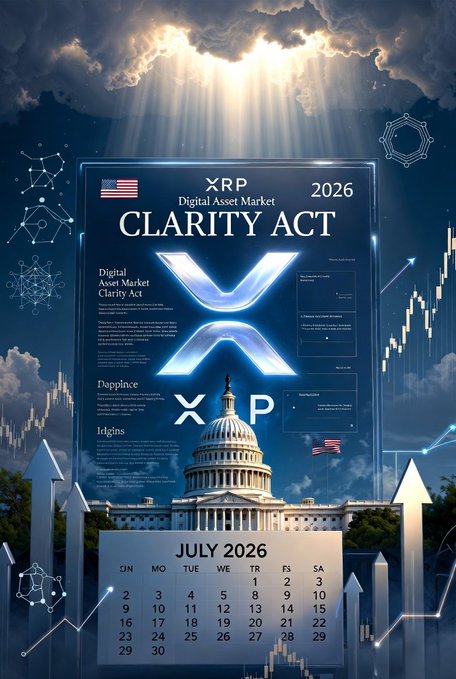 The image shows a poster or banner featuring information about Bitcoin and XRP currency. The poster displays various graphs, arrows pointing to key phrases such as "focus on" and "when it's finally going to move." The main focus of the image is the Bitcoin and XRP Clarity Act, which will provide regulatory clarity for the cryptocurrency industry in the United States.