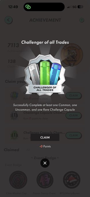 A mobile app achievement screen displaying 'Challenger of all Trades' badge with text: 'Successfully Complete at least one Common, one Uncommon, and one Rare Challenge Capsule.' The user has 7113 achievement points and 138 claimed badges.