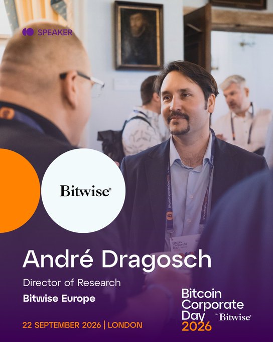 A promotional speaker card for André Dragosch, Director of Research at Bitwise Europe, advertising the Bitcoin Corporate Day 2026 event on 22 September 2026 in London.