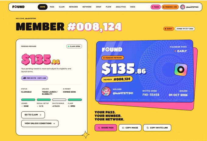 A yellow-themed Found dashboard showing 'MEMBER #008,124' with a pending reward of '$135.86' and 'FOUNDER PASS', including 'INVITE CODE FND-58458' issued '04 OCT 2026'.