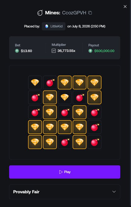 A screenshot from the game "Mines" showing a bet by user "Littlekid" on July 8, 2026, with a $13.60 wager that hit a 36,773.55x multiplier for a $500,000.00 payout, visually supporting the post's claim of cashing $500K on Shuffle Mines. The 5x5 grid reveals only diamonds, with all hidden bombs beneath the play, representing the max win achievement.