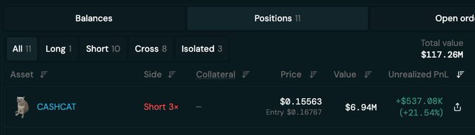A trading positions interface on Hyperliquid showing a $117.26M total portfolio value with a short position on CASHCAT at 3x leverage, showing an unrealized profit of +$537.08K (+21.54%) with an entry price of $0.16767 and current price of $0.15563, supporting the post's claim about a large short position on the CASHCAT token.