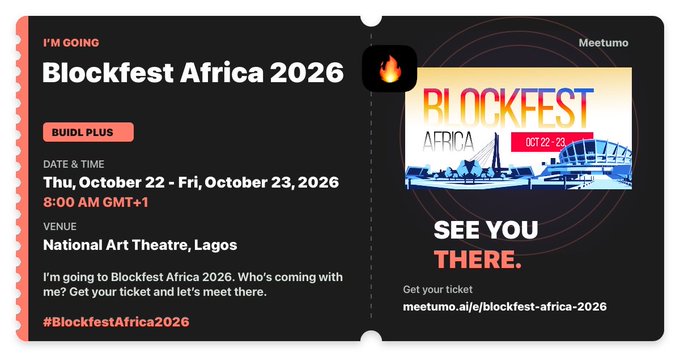 A meetumo event ticket graphic for 'Blockfest Africa 2026' at the National Art Theatre in Lagos on Thu, October 22 - Fri, October 23, 2026, 8:00 AM GMT+1.