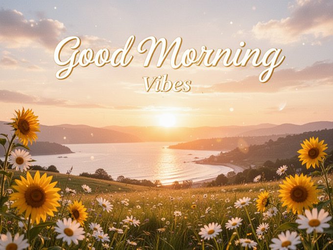 The image features a beautiful sunrise over a field of flowers, with a body of water nearby. The sky is filled with clouds, creating a serene atmosphere. In the foreground, there are numerous sunflowers blooming, adding a vibrant touch to the scene. The text "Good morning @KoloHub" and "Visa Card in 150+ countries earning BTC cashback" can be seen, suggesting that this image may be related to a social media post or advertisement promoting good mornings and positive vibes.