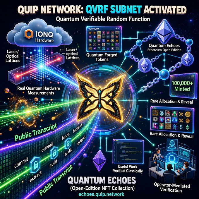 A complex infographic for "QUIP NETWORK: QVRF SUBNET ACTIVATED" explains the "Quantum Verifiable Random Function" process used for the "QUANTUM ECHOES" Open-Edition NFT Collection on echoes.quip.network.