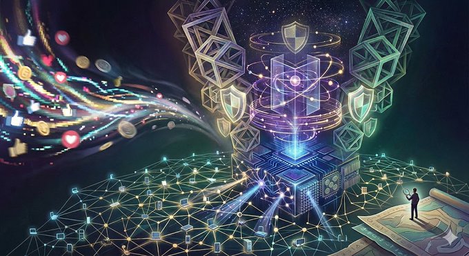 The image features a man standing next to a large, colorful cube-like structure with multiple levels of interconnected boxes. The scene appears to be set against a dark background, which contrasts with the vibrant colors of the cubes and the man's presence. The image also contains text that reads "最近我在刻意减少“为了参与而参与”的项目", suggesting a connection between the man, the colorful structure, and some sort of network or system. The image seems to be an artistic representation of technology and its impact on our lives.
