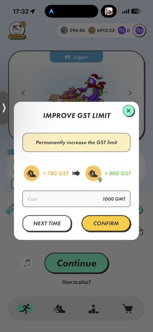 A mobile game popup titled 'IMPROVE GST LIMIT' offers a permanent increase from +780 GST to +800 GST for a cost of 1000 GMT.