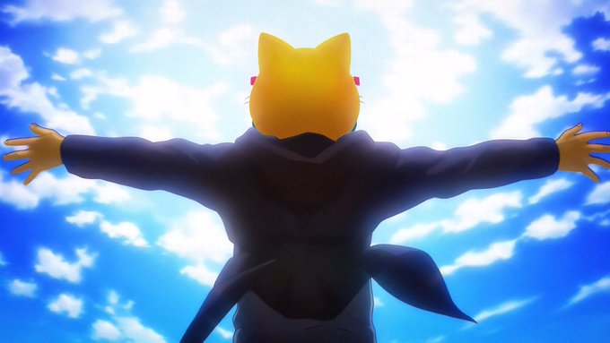 An anime-style anthropomorphic cat character in a dark suit stands with arms outstretched wide against a bright blue sky, embodying a triumphant, dominant pose that perfectly matches the "mog everyone and everything" sentiment of supreme confidence.