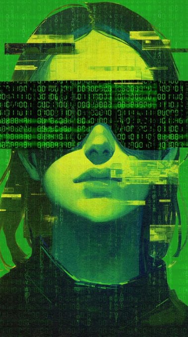 A green-tinted, glitch-art portrait of a person whose eyes are obscured by cascading streams of binary code (1s and 0s), symbolizing the obscured, code-driven nature of blockchain technology. The digital distortion and data streams visually echo the post's warning about the hidden, underlying complexity of networks like @CNPYNetwork, where the relationship between nested chains and their security roots isn't always transparent.