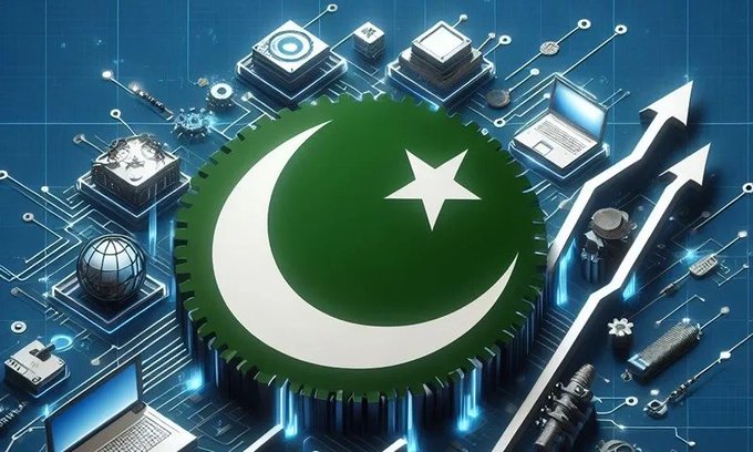 A digital illustration featuring the green and white Pakistan flag emblem (crescent and star) inside a computer chip, surrounded by circuit boards, technology components, and upward-pointing arrows on a blue background.