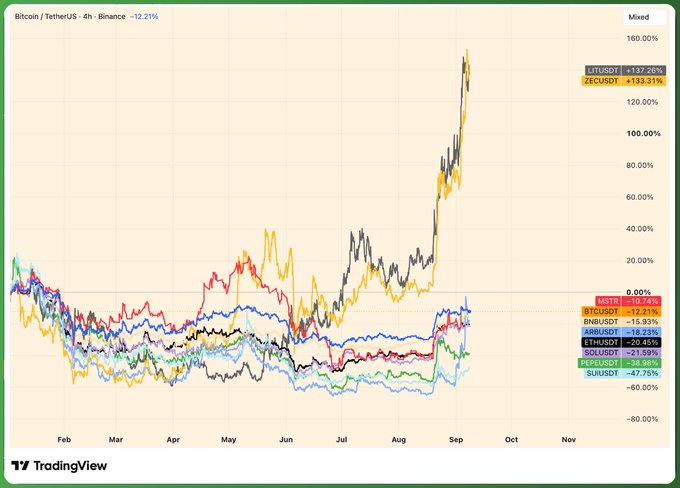 A TradingView chart titled 'Bitcoin / TetherUS · 4h · Binance · -12.21%' comparing performance of various crypto assets, showing LITUSDT +197.26% and ZECUSDT +133.31% as top performers over a timeline from February to October.