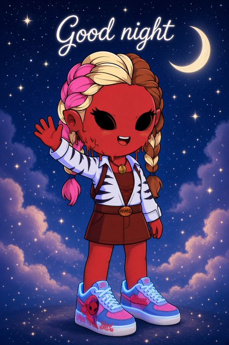 A digital illustration of a red-skinned character with pink and brown braided hair, wearing a white jacket and sneakers, waving against a starry night sky with a crescent moon and the text 'Good night'.
