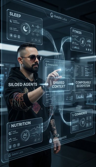 A man with a beard and sunglasses interacting with a holographic interface labeled 'Gotchi Labs' and 'Sleepagotchi', showing panels for 'SLEEP', 'FITNESS', 'NUTRITION', and 'COMMERCE' alongside text reading 'SILoed AGENTS', 'SHARED CONTEXT', and 'COMPOSABLE ECOSYSTEM'.