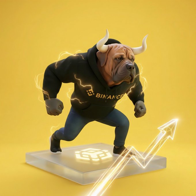 A 3D-rendered anthropomorphic bull character wearing a black 'BINANCE' hoodie, standing in a powerful stance on a Binance-branded platform with an upward arrow and lightning effects on a yellow background.