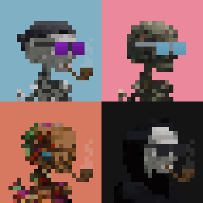 A pixel art grid featuring four stylized character portraits with sunglasses against solid blue, pink, orange, and black backgrounds.