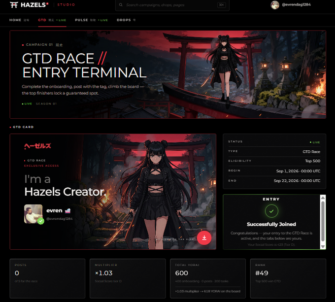 Screenshot of the Hazels Studio website showing a 'GTD Race // Entry Terminal' campaign for Season 01, where user @evrendsg1284 has successfully joined the race with 600 Total YOKAI on the board.