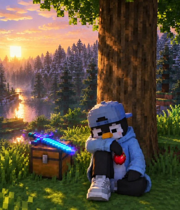 A Minecraft-style rendered image shows a penguin character wearing a blue cap, hoodie, and sneakers sitting against a tree at sunset, holding an apple next to an enchanted diamond sword resting on a chest.