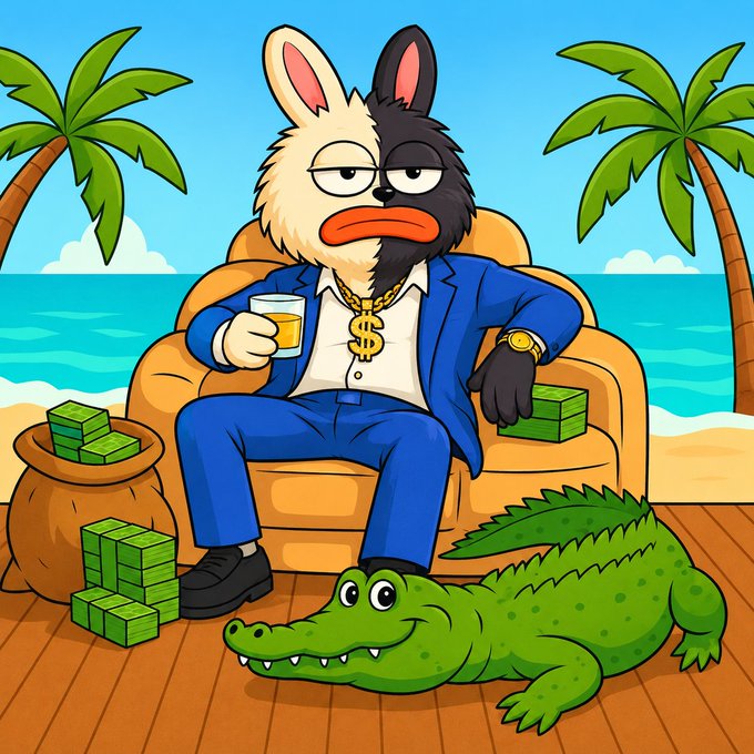 A cartoon rabbit in a blue suit with a gold dollar-sign chain lounges in an armchair on a beach, holding a drink next to a money bag and stacks of cash, while a smiling green alligator rests at its feet. The image accompanies a post offering a "$BORO" token airdrop to the first 600 Solana ($SOL) wallets that retweet—using opulent, wealth-themed imagery to entice participants into sharing their wallet addresses.