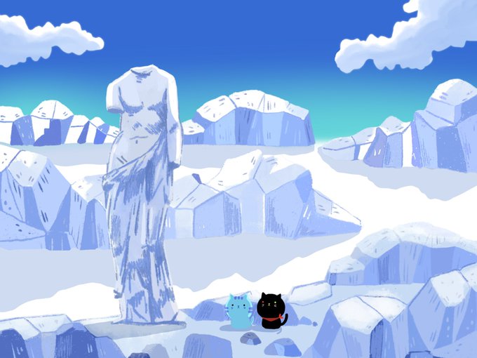 A retro pixel-art style illustration of a snowy arctic landscape where a small black cat and a blue creature stand facing a large headless female statue, with icebergs and a bright blue sky in the background.