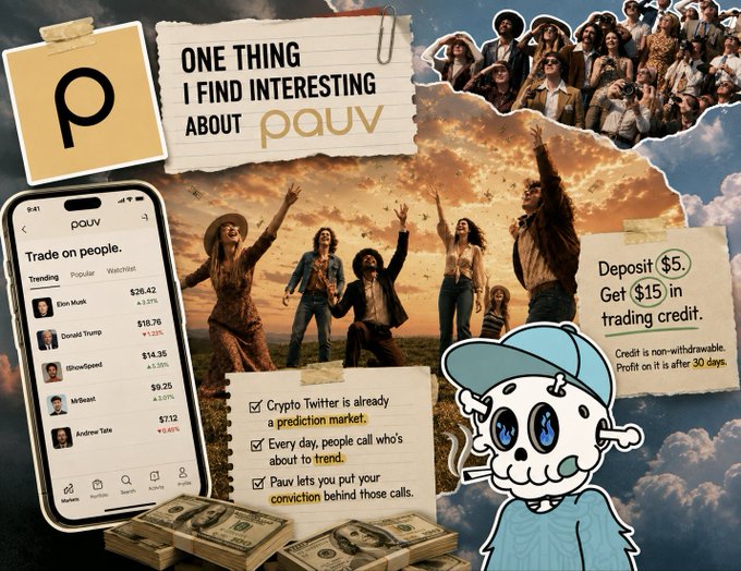 A promotional image for the Pauv trading platform showing 'Trade on people' with trending figures like Elon Musk, Donald Trump, and Andrew Tate, offering $15 in trading credit for a $5 deposit.