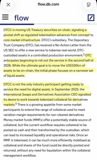 An article from flow.db.com discusses DTCC's plan to tokenize US Treasury securities, beginning with a second-half 2026 rollout through its Depository Trust Company subsidiary, with an "ultimate goal" of moving $100 trillion in assets on-chain. The piece also notes ISDA's interest in tokenized collateral for derivatives markets, particularly highlighting money market funds as a more efficient alternative to cash collateral, aligning with the post's announcement that this on-chain asset migration process has officially begun.