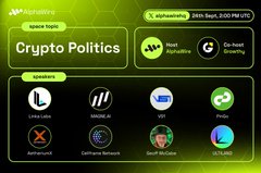 A digital interface for 'Crypto Politics' on the Meveto platform, displaying sponsor logos for projects like Polkadot, DeNet, and Stargate, along with a 'Airdrop' section featuring various crypto tokens.
