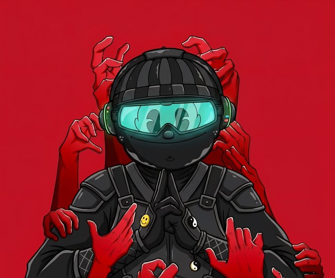 A person wearing a black helmet that obscures their face stands in front of many red hands.