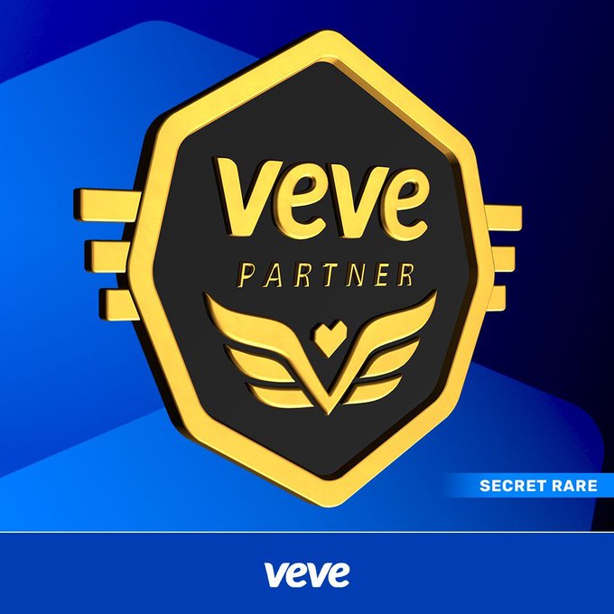 A gold and black hexagonal badge with the text 'veve PARTNER' and a winged heart emblem, labeled 'SECRET RARE' on a blue background.