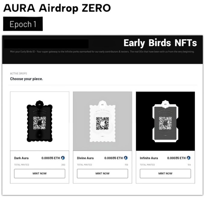 A promotional page for the 'AURA Airdrop ZERO' Epoch 1, featuring three Early Birds NFT options—Dark Aura, Divine Aura, and Infinite Aura—each priced at 0.00035 ETH with 'MINT NOW' buttons.